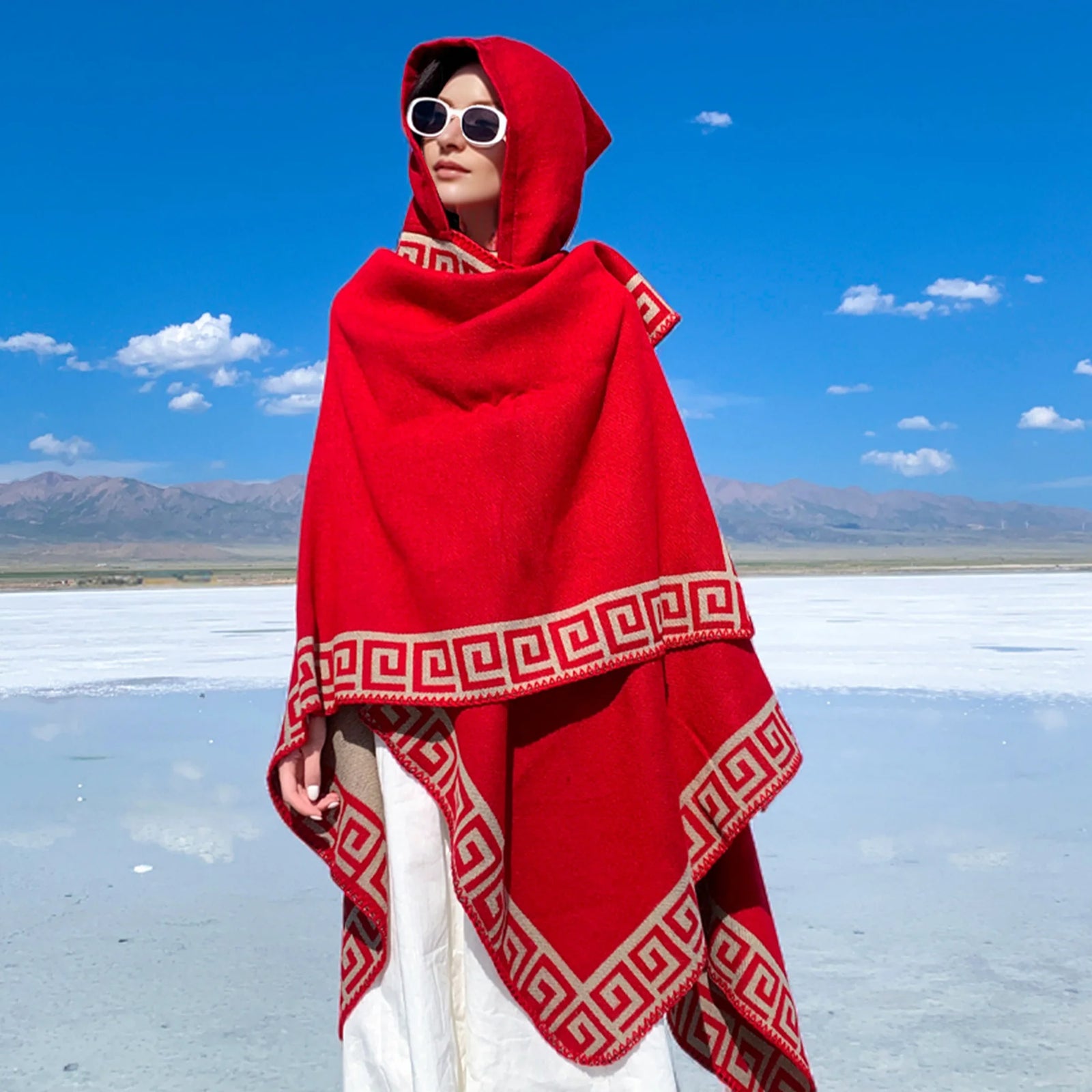 Hooded Geometric Border Poncho for Layering over Outfits