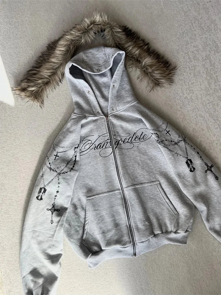 Fluffy Trim Long Sleeve Full Zip Casual Hoodie
