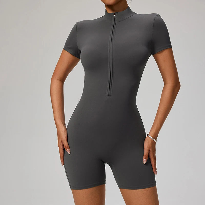 Women's Short Sleeve Nylon Blend Workout Romper with Stand Collar Zip