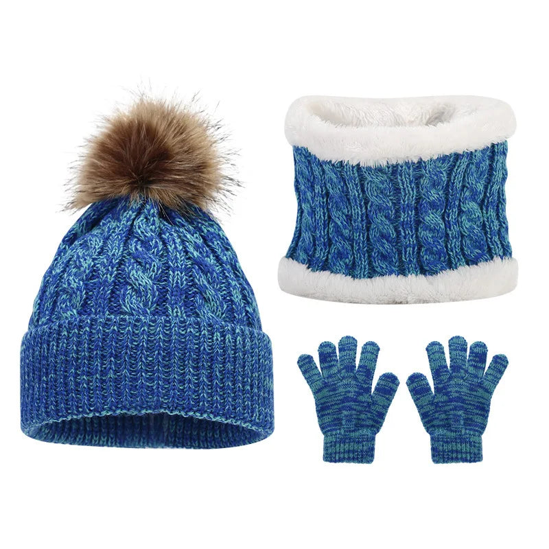 Children's Mixed-Colour Knitted Hat Scarf and Gloves Set for Winter Wear