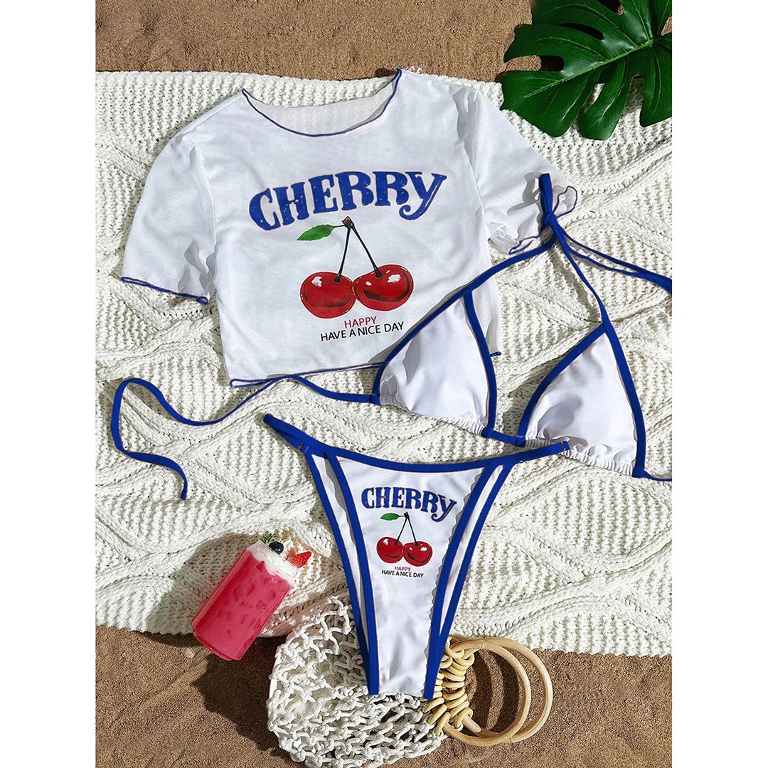 Cherry Print Bikini with Short Sleeve Cover-Up
