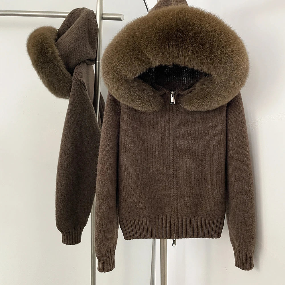 Women's Hooded Zip Front Fluffy Trim Jacket Casual Knit Layer