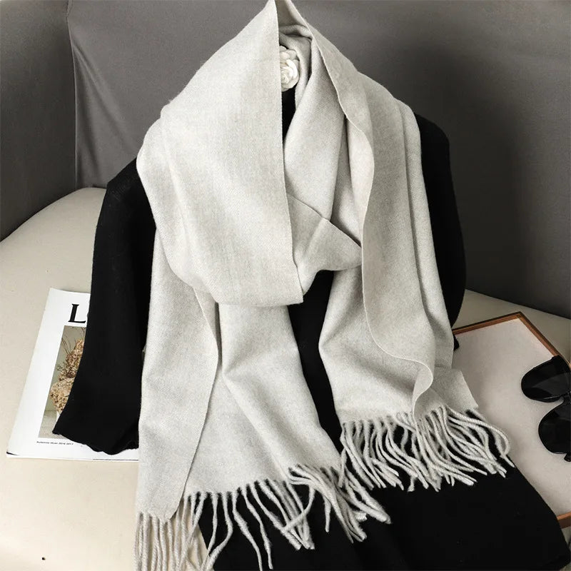 Solid Long Rectangular Scarf with Decorative Fringe Trim