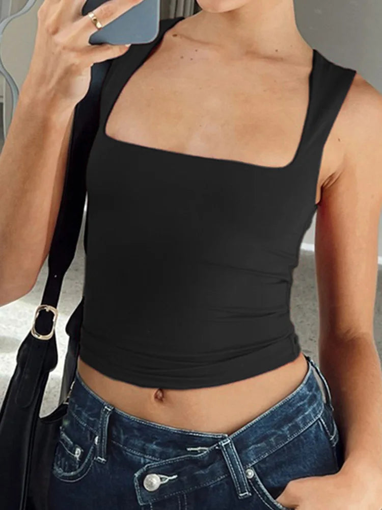 Women's Solid Crop Top with Scoop Neckline and a Sleeveless Design