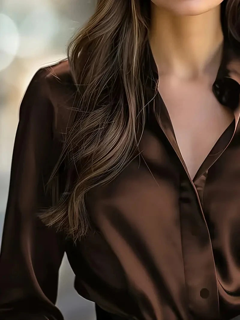 Women's Long Sleeve Button Front Satin Look Shirt