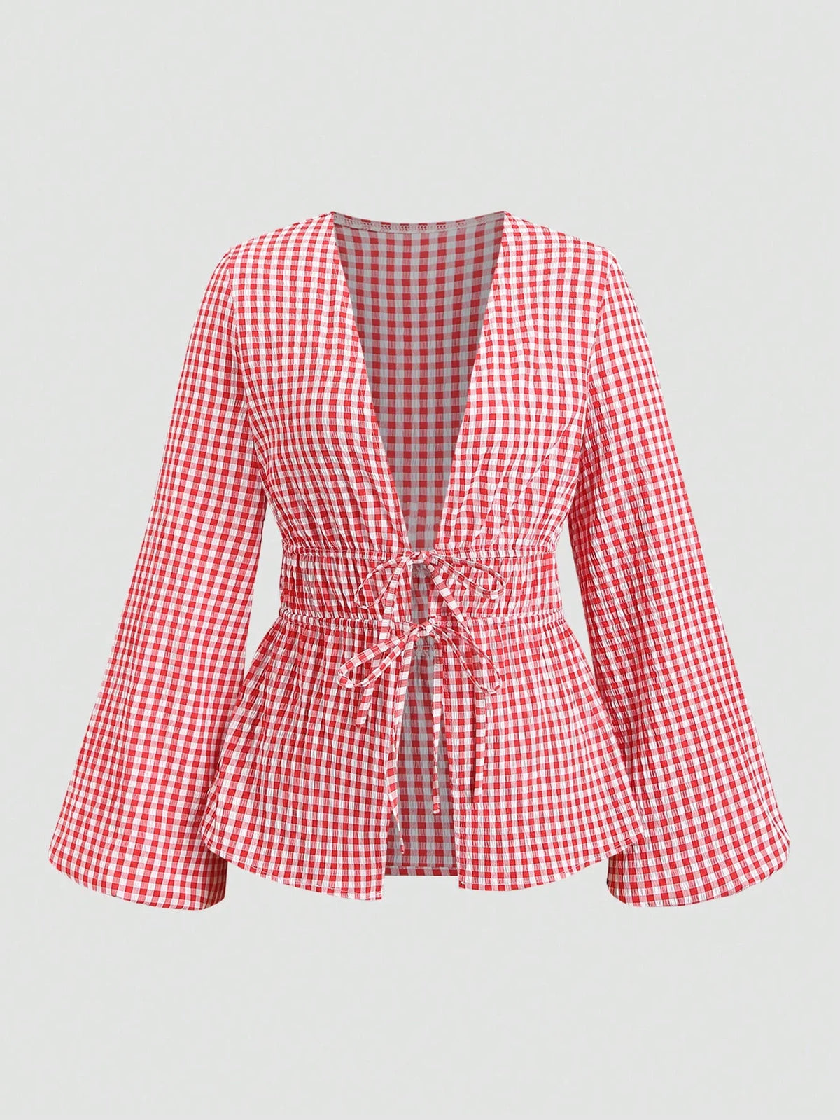 Women's Striped Wrap Blouse with Back Tie and Wide Sleeves