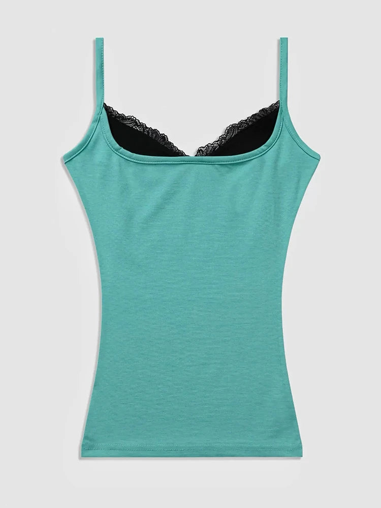 Women's Fitted Camisole with Contrasting Trim, Lace Panels, and Thin Straps
