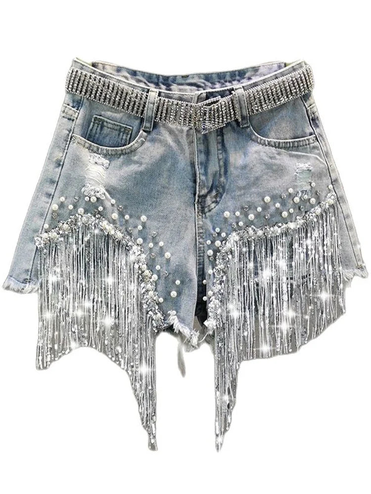 Women's Beaded Fringe Denim Casual Denim Shorts For Everyday Outfits