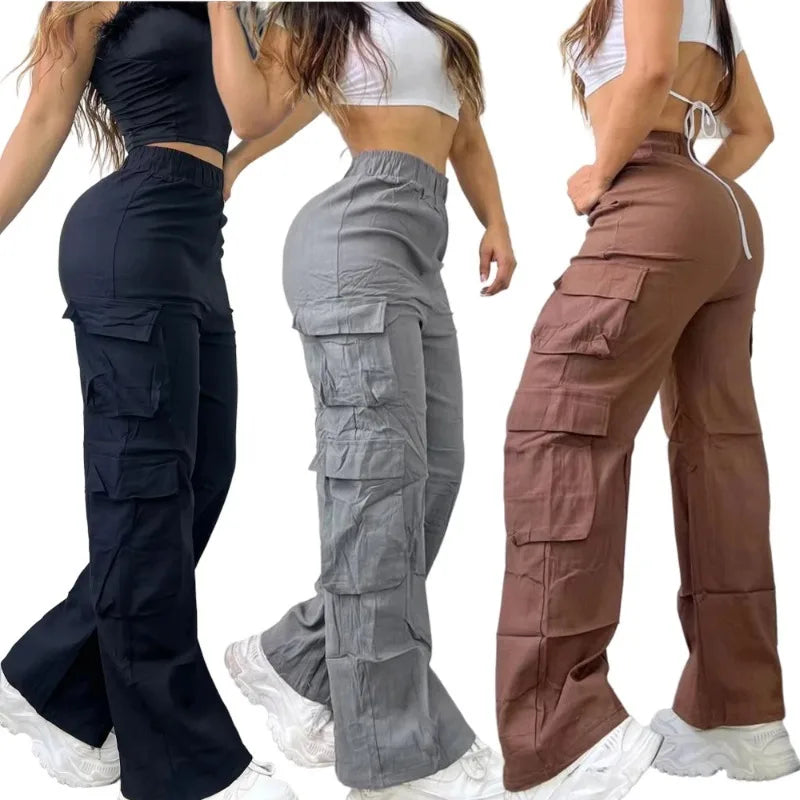 Women's Straight Cargo Pants with Elastic Waist and Large Side Pockets