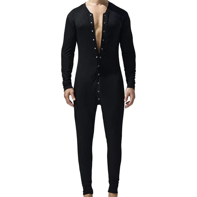 Men's Button Front Long Sleeve Pajama Jumpsuit for Home Wear