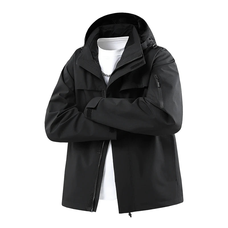 Hooded Zip-Up Outdoor Jacket with Adjustable Hood and Front Pockets