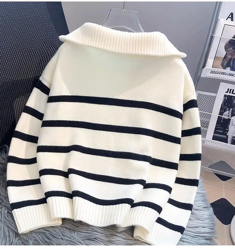 Women's Striped Half Zip Pullover Sweater Casual Knit Layer