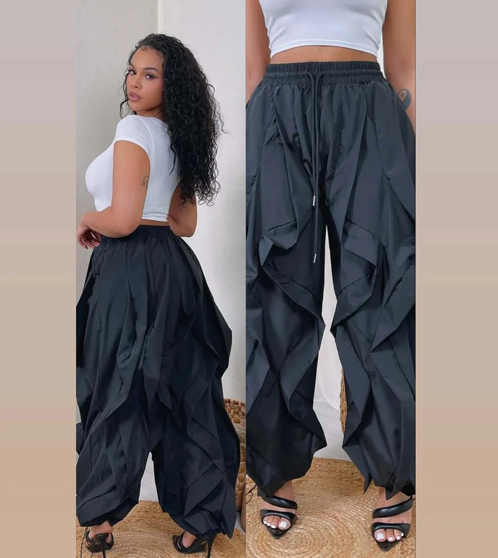 Women's Ruched Cargo Pants with Drawstring Waist and Gathered Cuffs