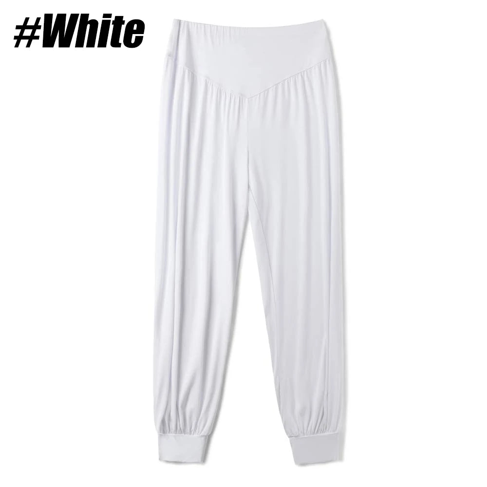 Women's High Waist Polyester Harem Dance Pants with Loose Legs and Gathered Ankles