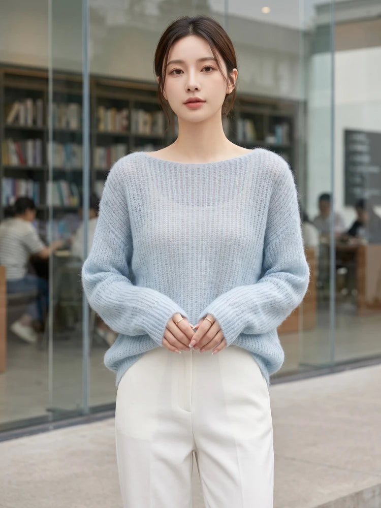 Women's Open Knit Crew Neck Sweater Casual Knit Layer