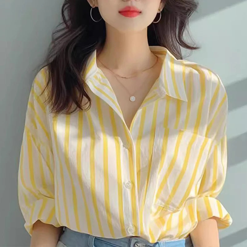 Women's Striped Collared Long Sleeve Shirt