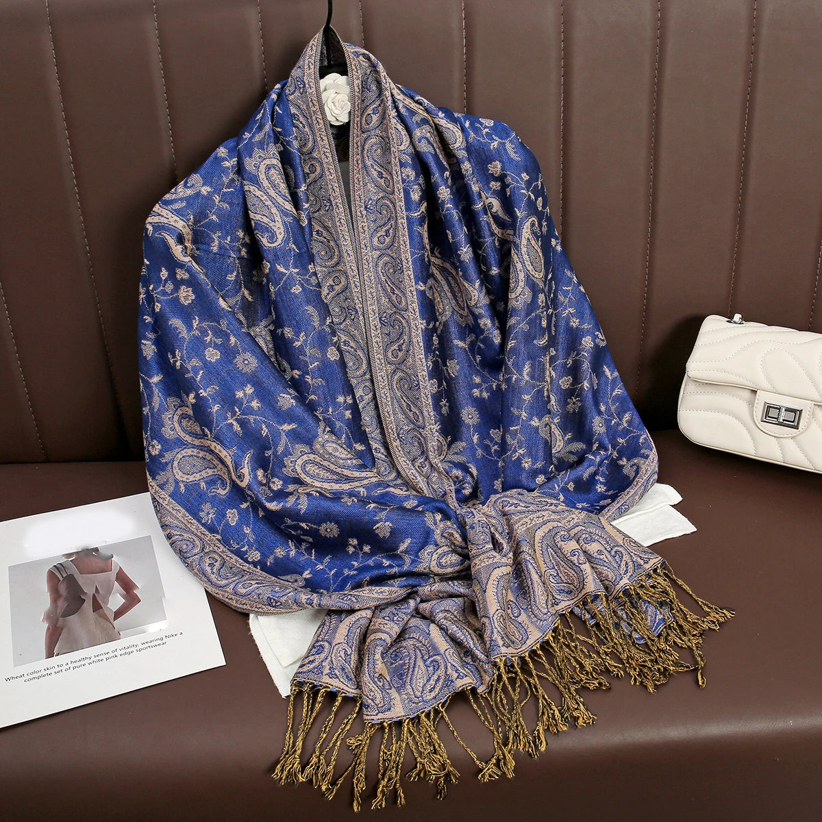 Paisley Floral Print Long Scarf with Fringed Ends