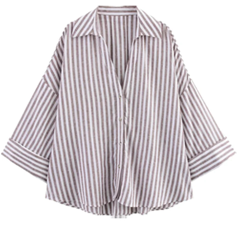 Women's Striped Wide Sleeve Cropped Button Front Shirt