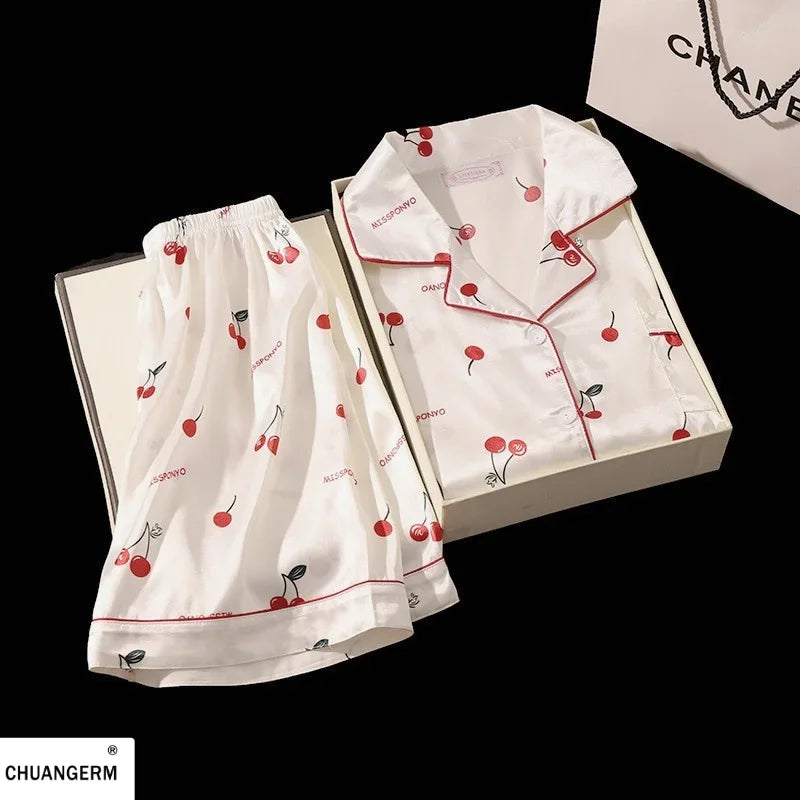 Women's Cherry Print Button Front Pajama Set with Top and Shorts
