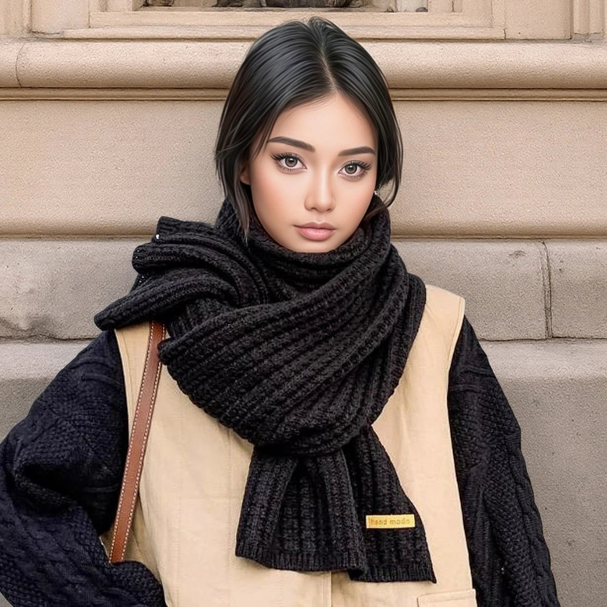 Solid Ribbed Knit Scarf with Long Rectangular Shape