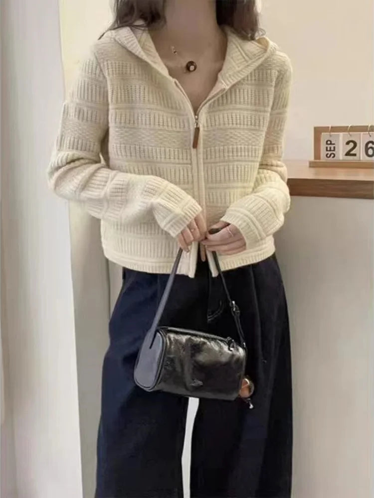 Autumn and Winter Thickened 100% Pure Wool Women's Hooded Knit Cardigan Loose Sweater Coat with Double Zippers Short Style