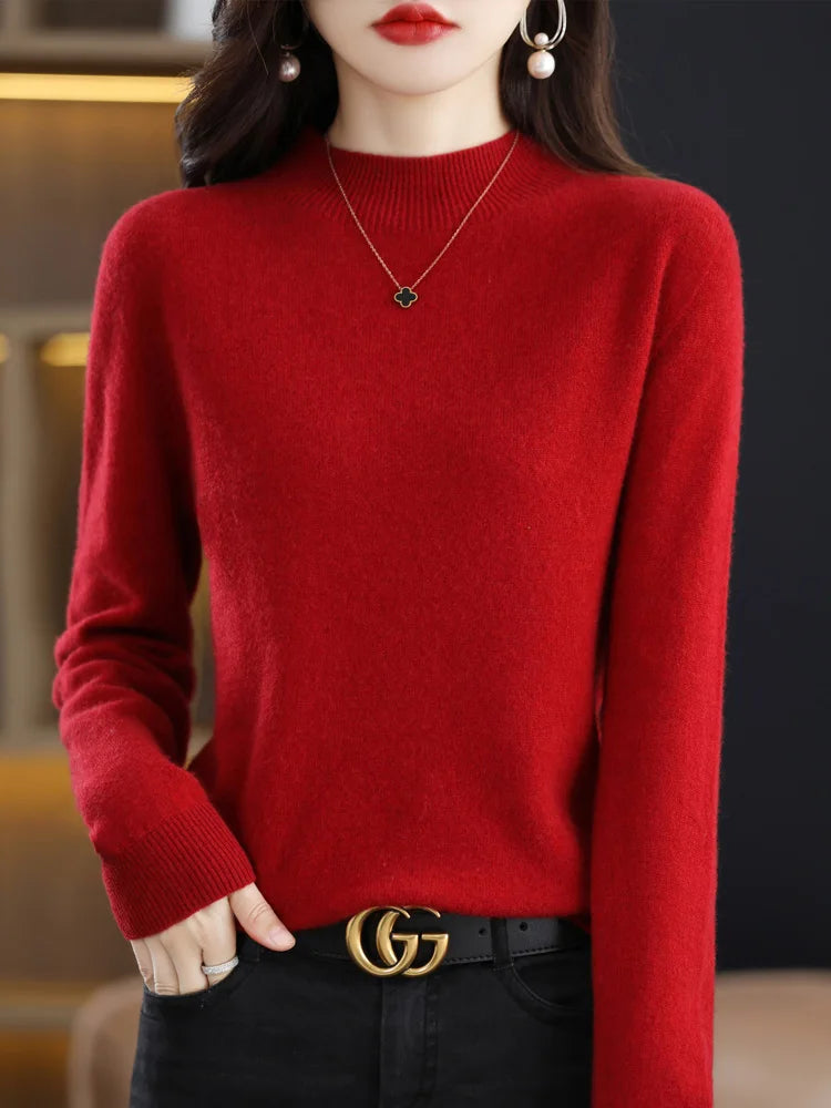 Women's Plain Mock Neck Long Sleeve Sweater Casual Knit Layer