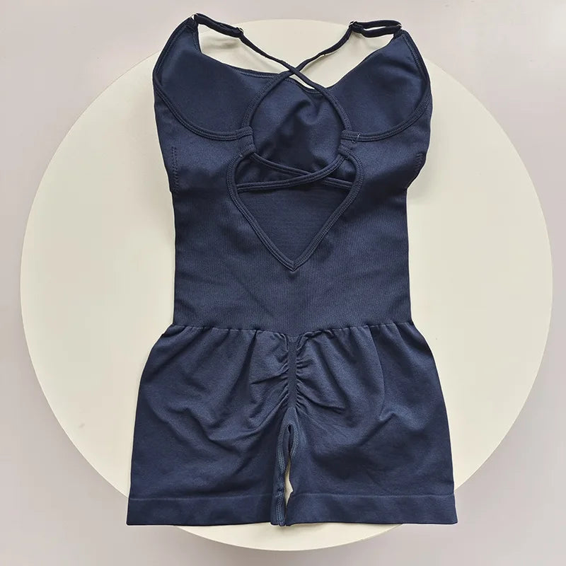 Women's Ribbed Nylon Blend Workout Romper with Lace Up Open Back