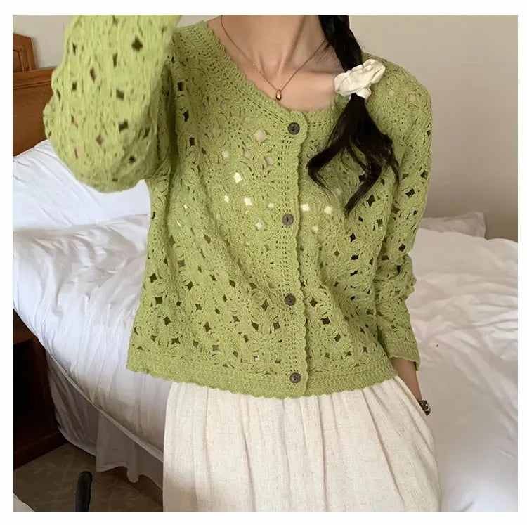 Women's Open Knit Cropped Button Front Cardigan Casual Knit Layer