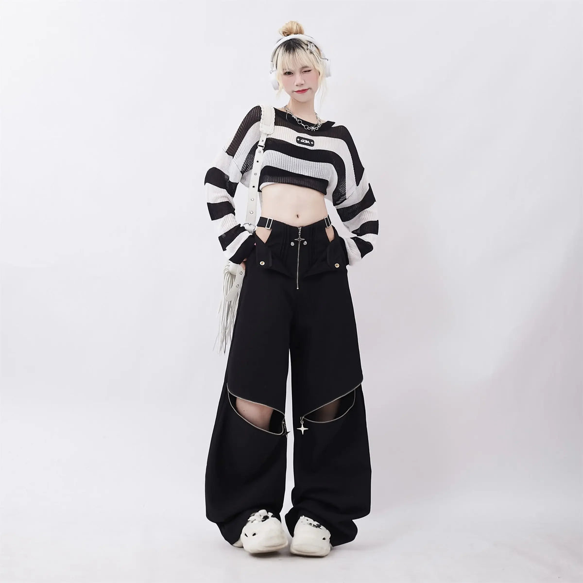 Women's Black Wide Leg Pants with Cutout Knees and Zip Details