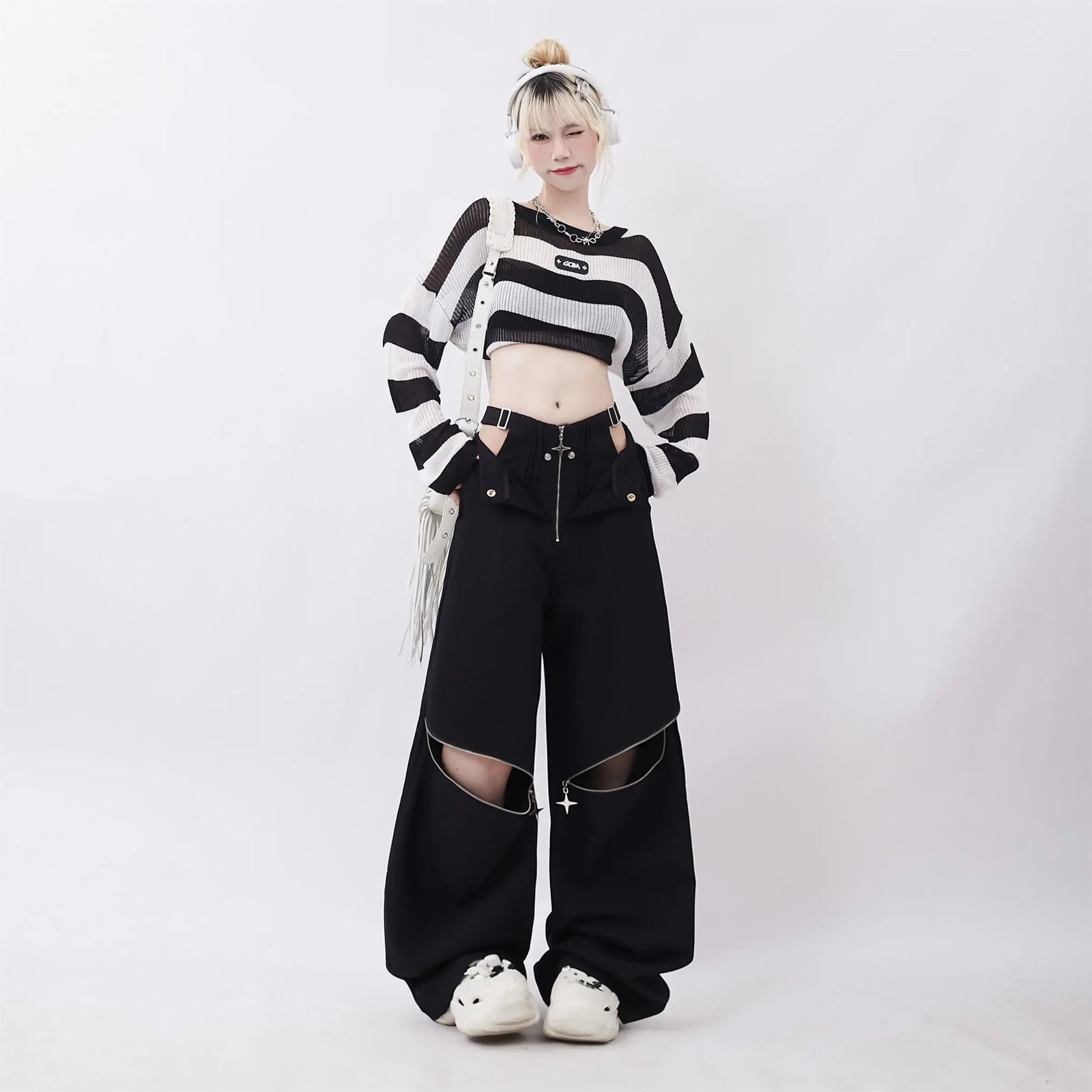 Women's Black Wide Leg Pants with Cutout Knees and Zip Details