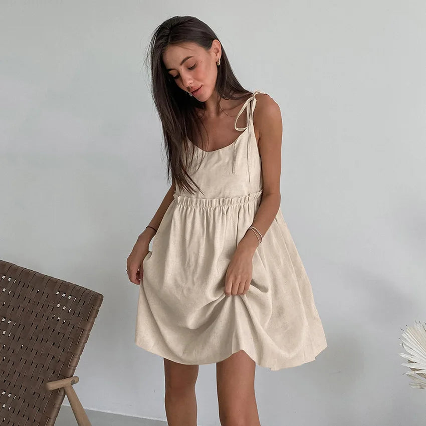 Women's Cotton-Linen Sleeveless Mini Dress with Tie Straps for Casual Summer Outfits