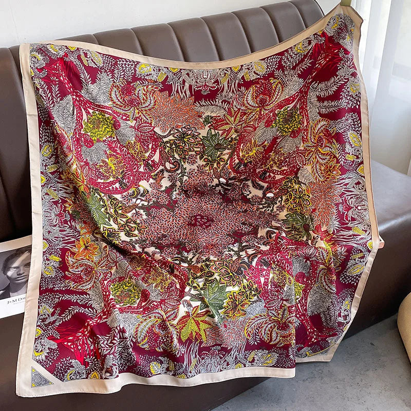 Printed Large Square Scarf with Decorative Border Designs