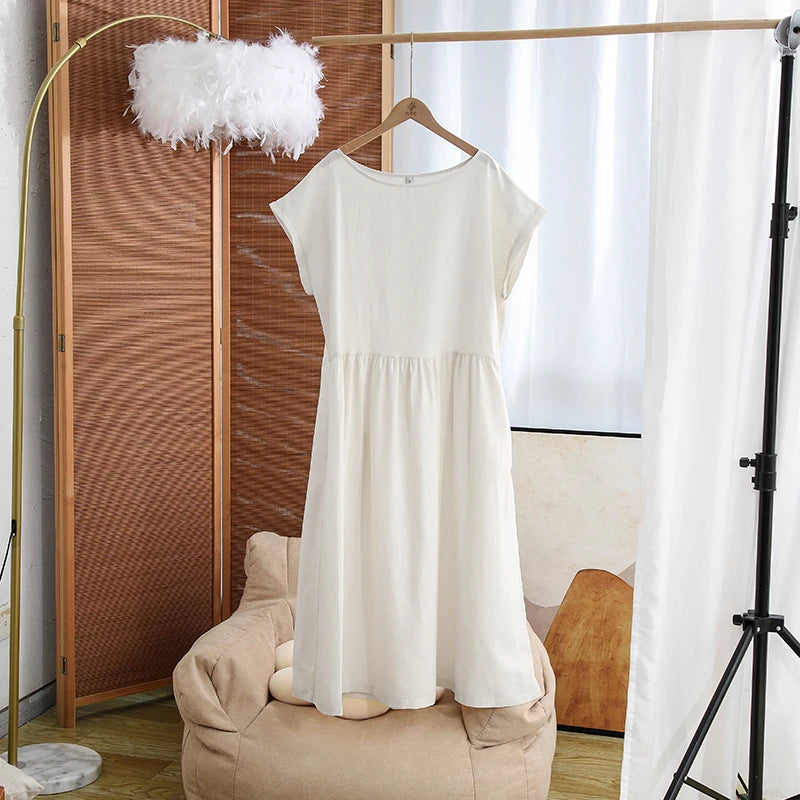 Women's Cotton-Linen Round-Neck Loose A-Line Midi Dress with Pockets for Summer Outfits