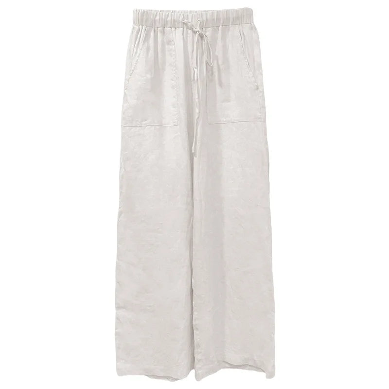 Women's Linen Loose Straight-Leg Full-Length Pants with Drawstring Waist and Side Pockets