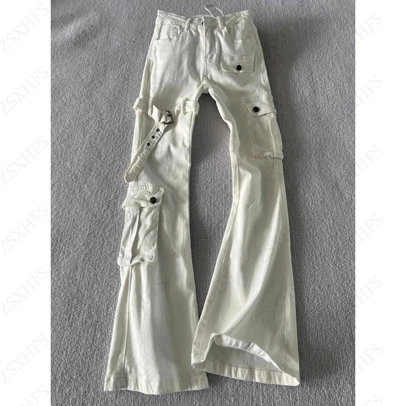 Women's Flared Cargo Pants with Side Pockets and Strap Details