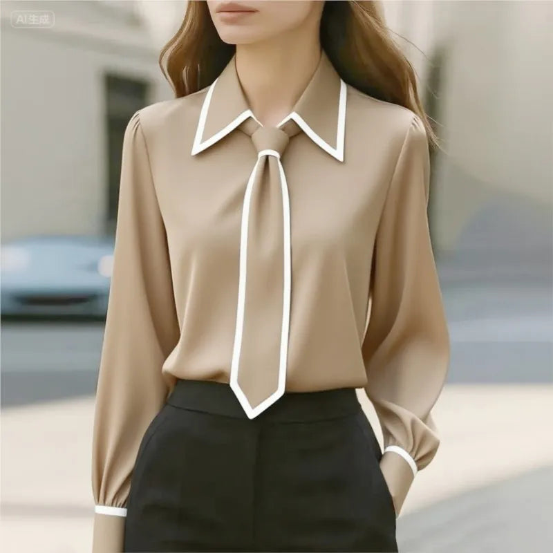 Women's Contrast Trim Tie Neck Long Sleeve Blouse