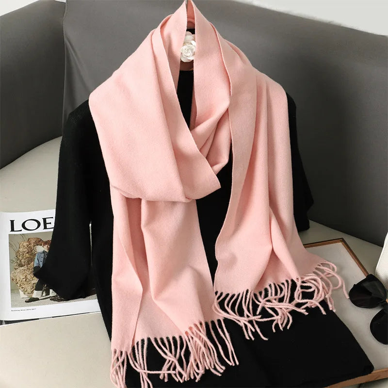 Solid Long Rectangular Scarf with Decorative Fringe Trim