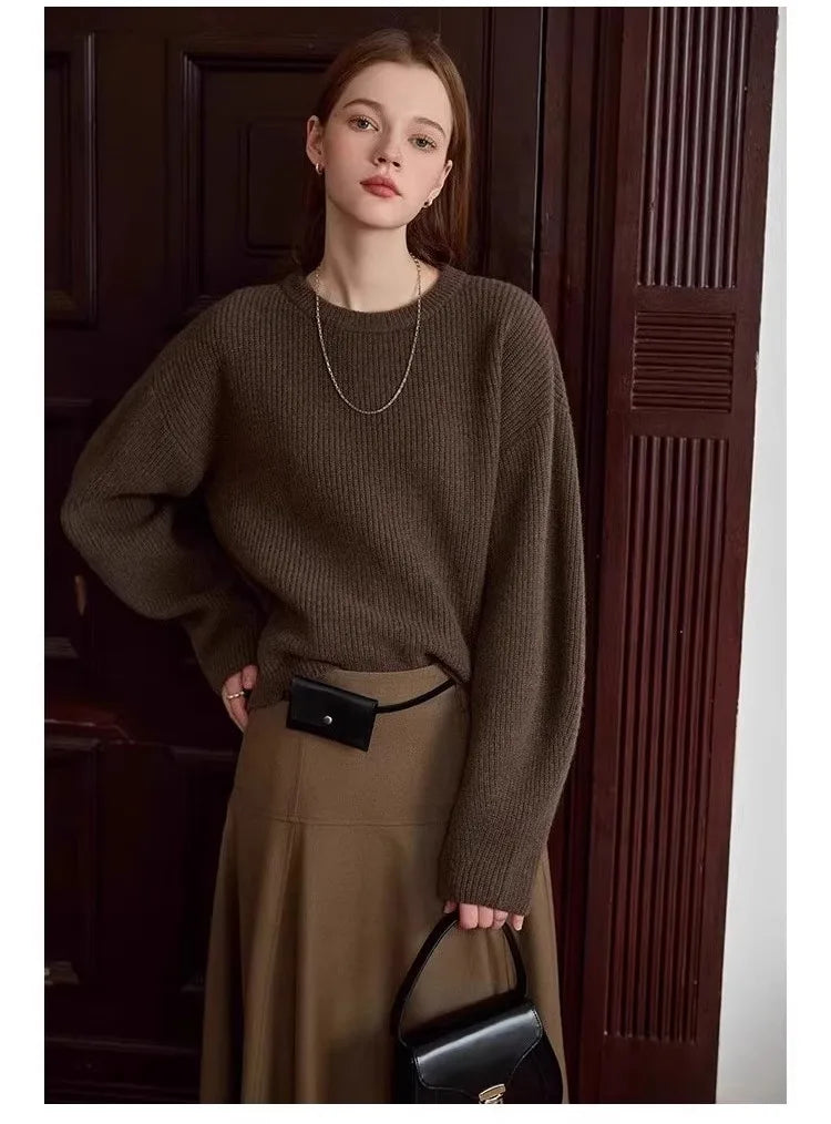Vintage thick cashmere knitwear women's fall/winter loose shoulder crew neck sweater base sweater