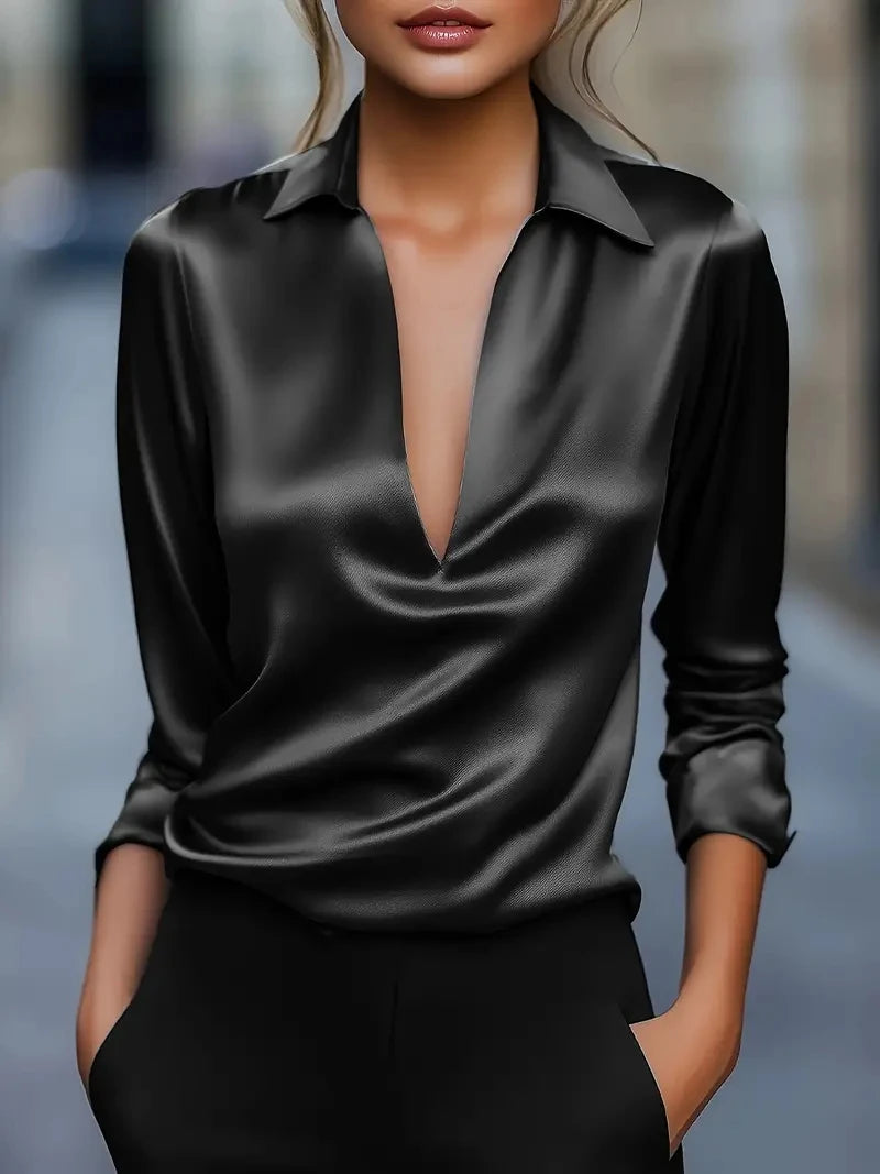 Women's Satin Look Cowl Neck Long Sleeve Blouse