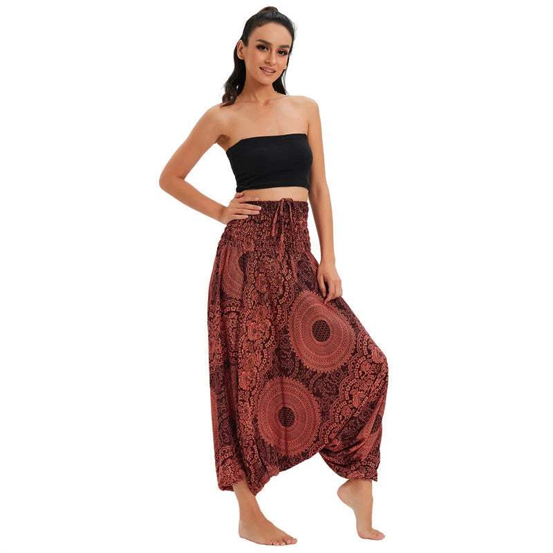 Women's Printed Rayon Harem Pants with Elastic Waist and Convertible Styling
