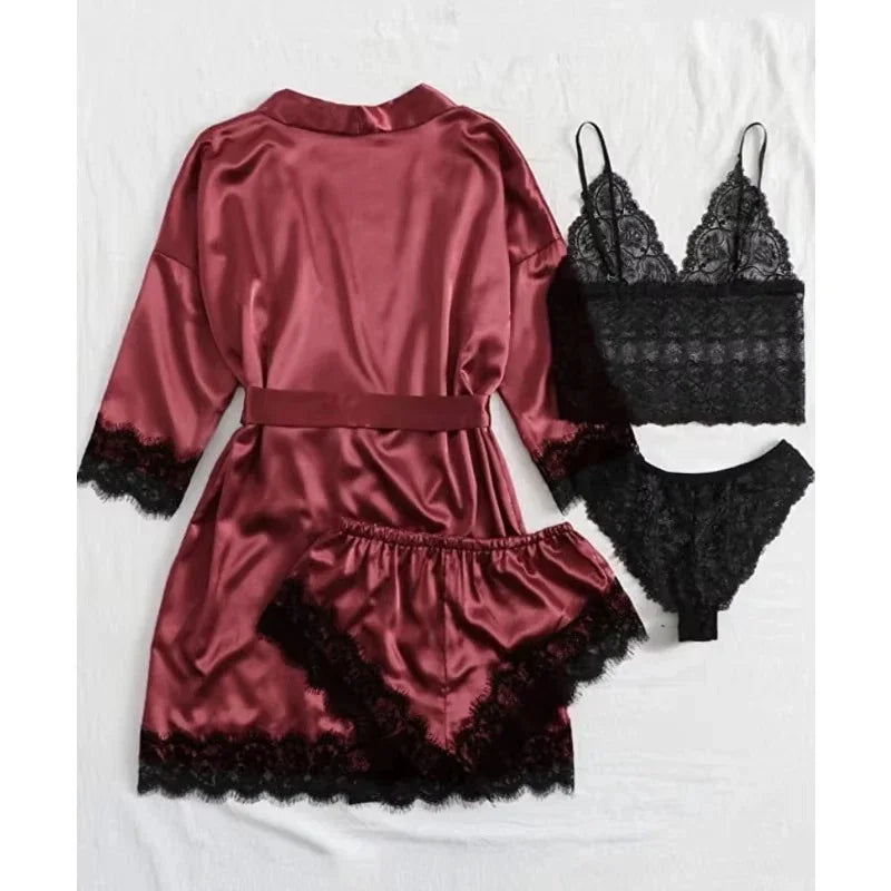 Women's Lace Trim Four Piece Pajama Set with Robe and Shorts