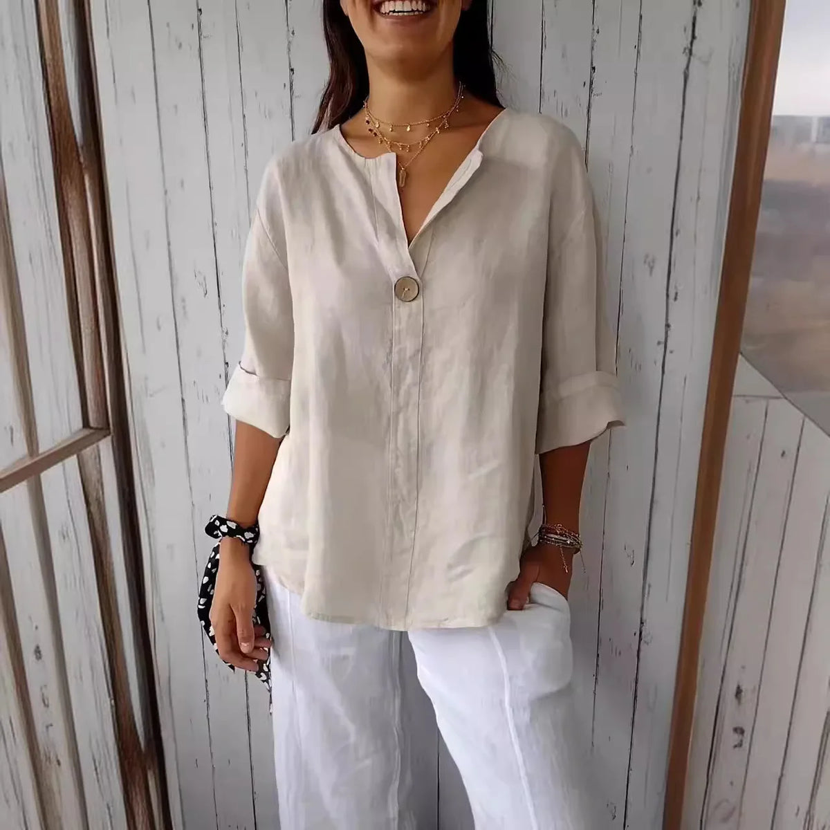 Women's V Neck Roll Sleeve Blouse