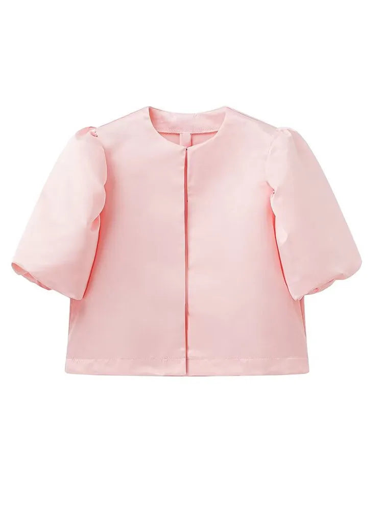 Women's Round Neck Puff Sleeve Cropped Blouse