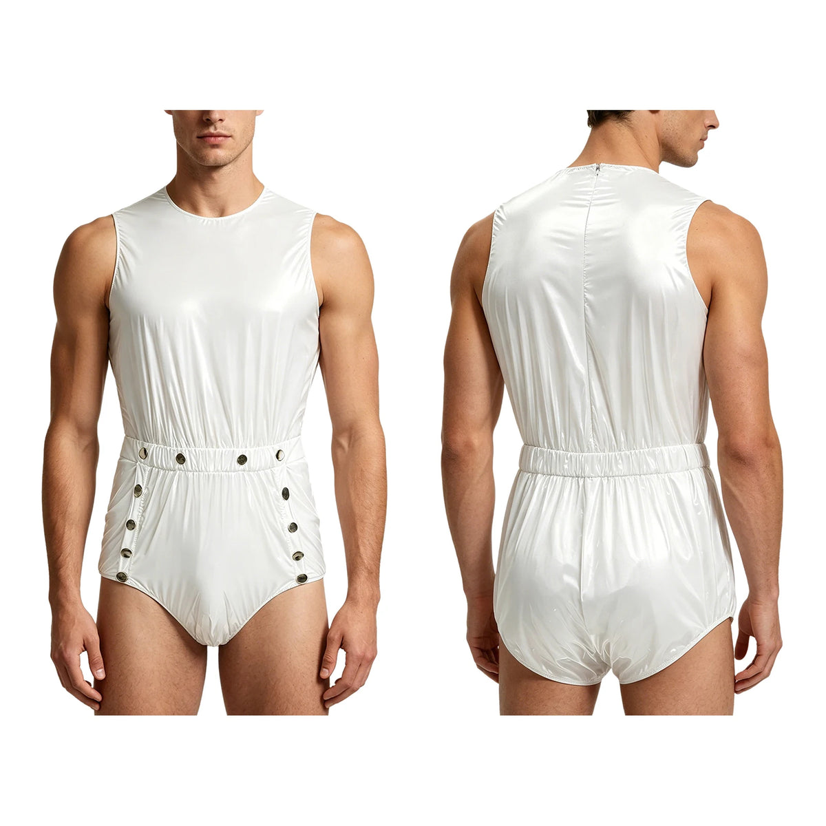 Men's One-Piece Swimsuit with Back Zipper and Crotch Button Details