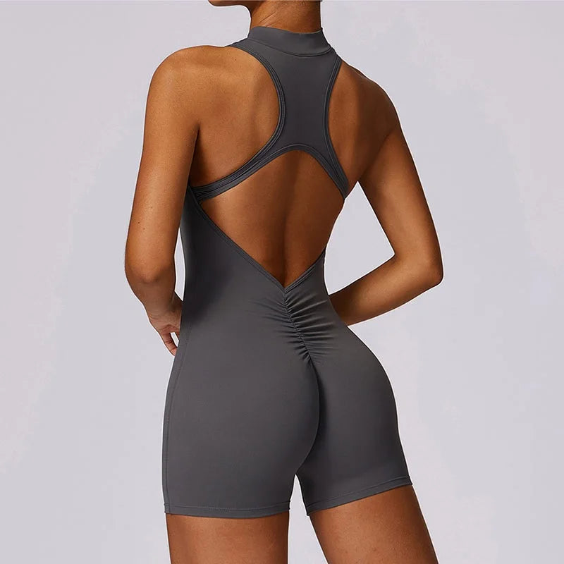 Women's Zip-Front Open-Back Workout Romper