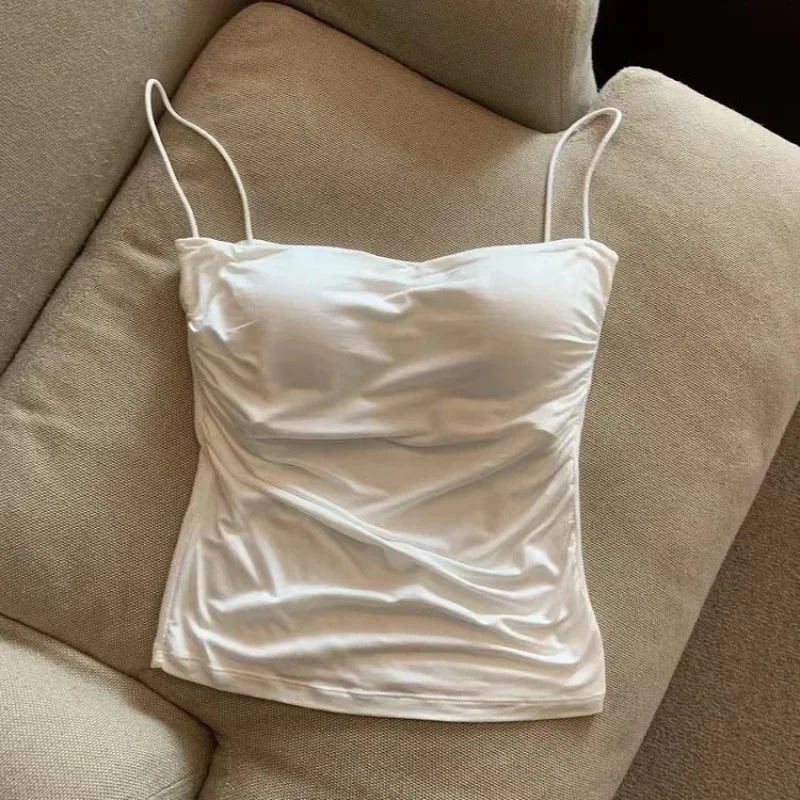 Women's Ruched Crop Top with Thin Shoulder Straps and Cropped Length