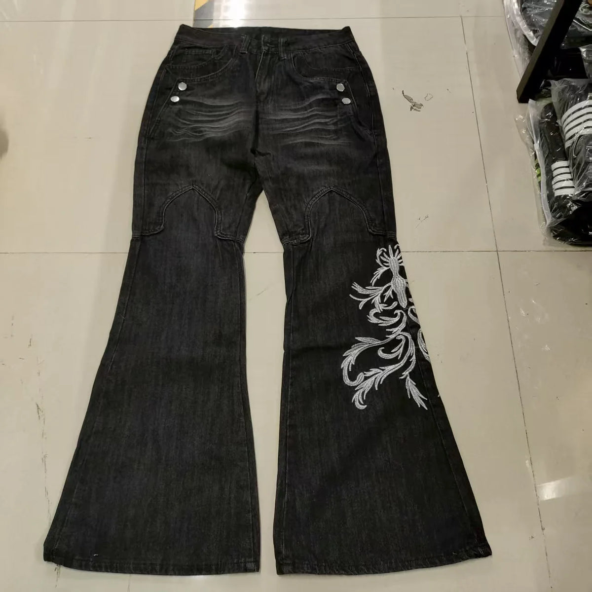Women's Black Embroidered Wide Leg Denim Jeans For Everyday Outfits
