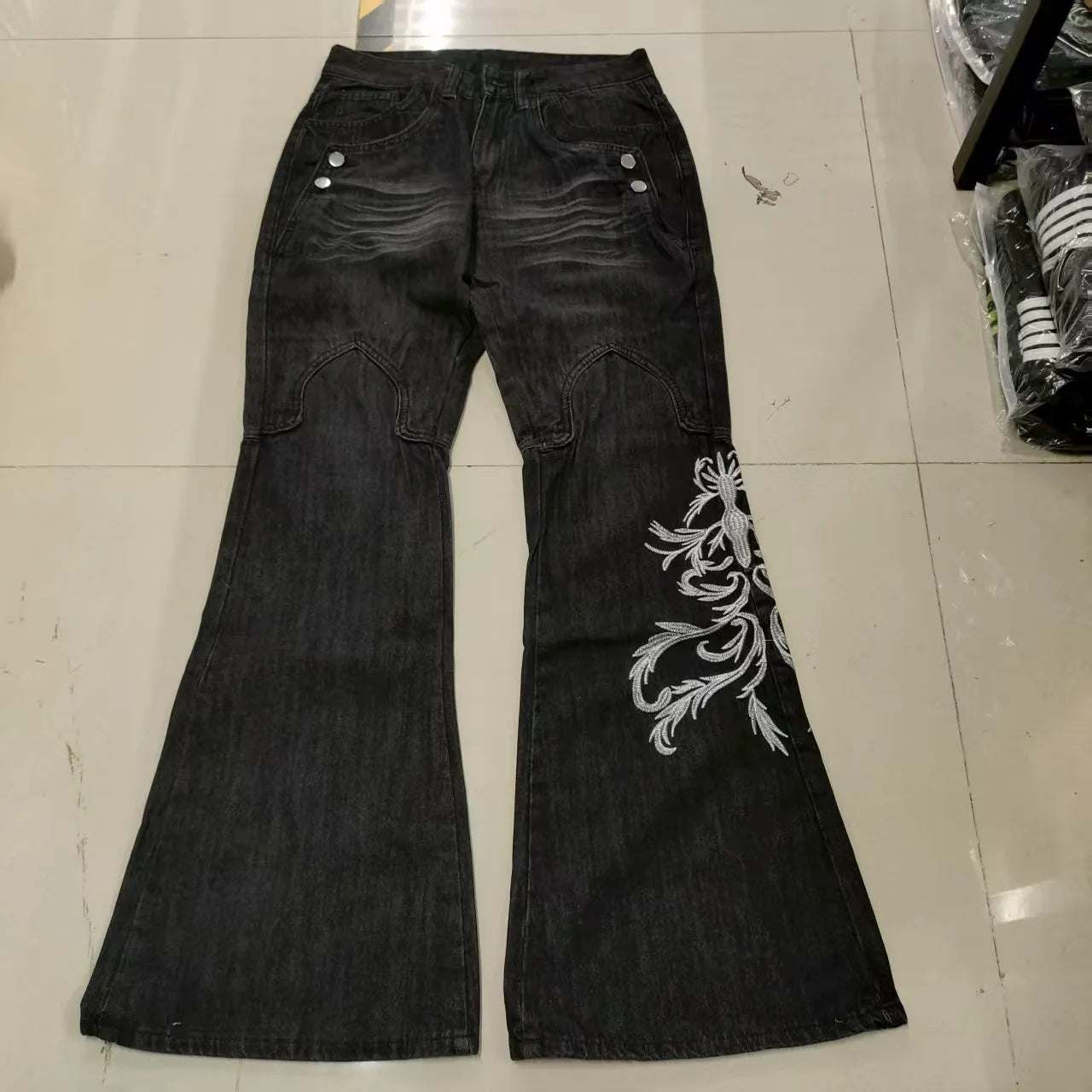 Women's Black Embroidered Wide Leg Denim Jeans For Everyday Outfits