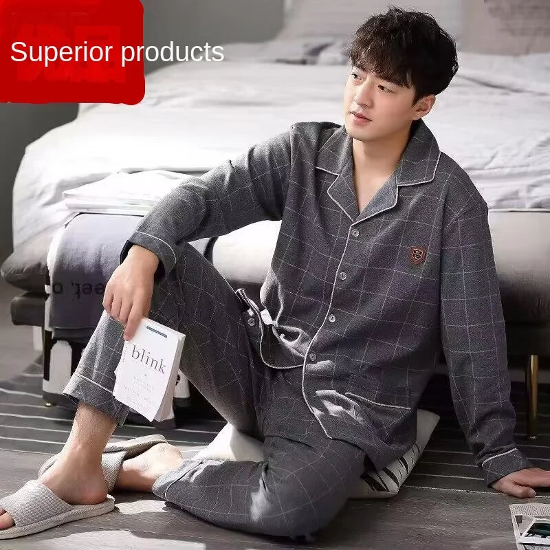 Men's Striped Button Front Long Sleeve Shirt and Pants Pajama Set
