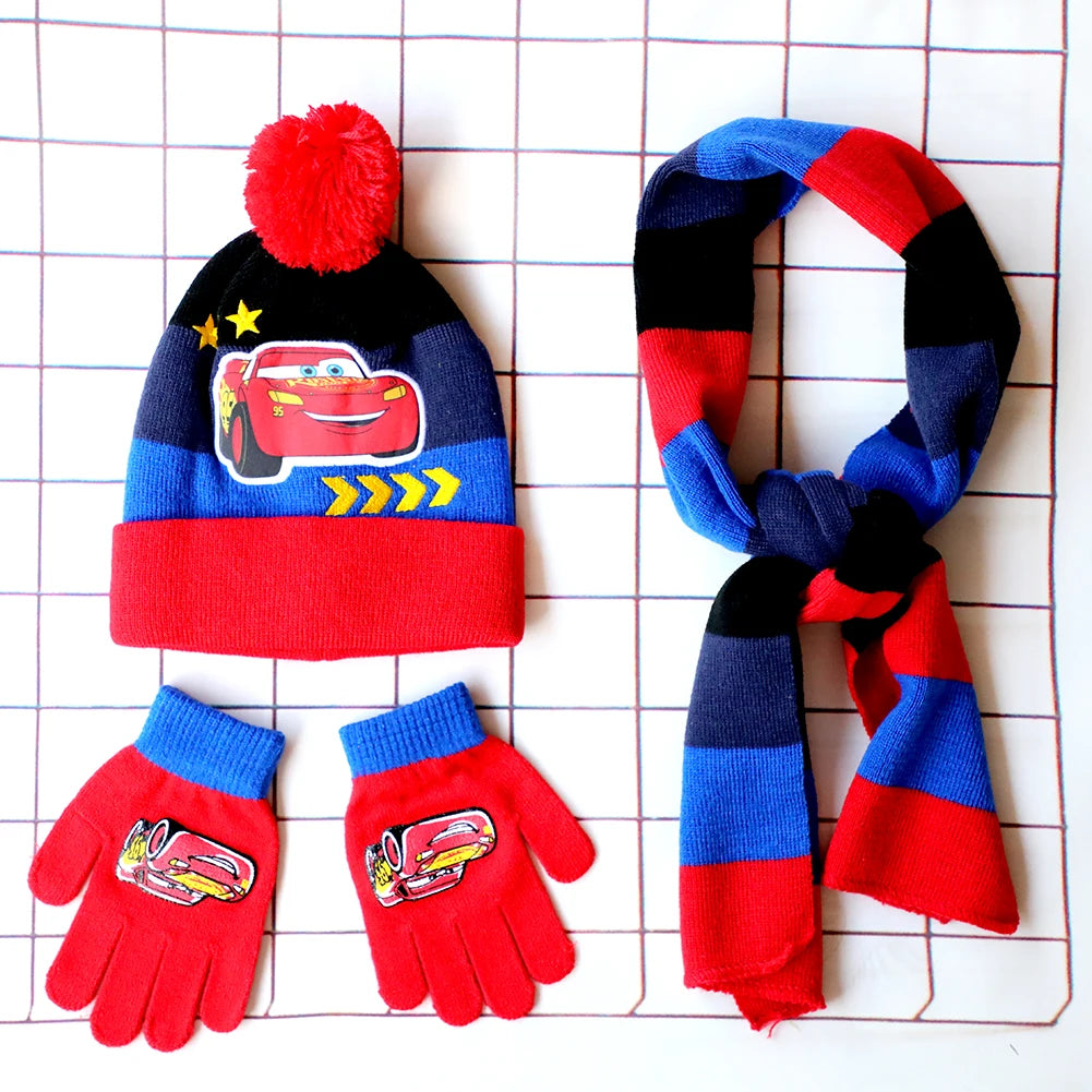 Children's Cars Cartoon Hat Scarf and Gloves Set for Winter Wear